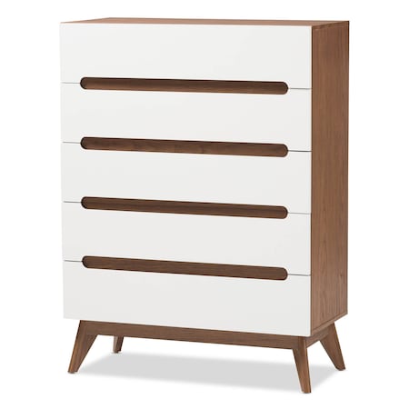 Baxton Studio Calypso Mid-Century White and Walnut Wood 5-Drawer Storage Chest 137-7501